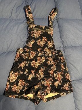 Kimchi Blue Floral Black Corduroy Short Overalls